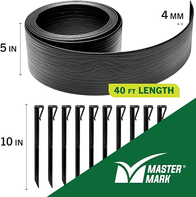 MASTER MARK Terrace Board, Landscape Coiled Edging, Grass Barrier, Bender Board, Flower Bed, Vegetable Garden Borders 5 in. x 40 ft. with 10 Stakes (Black)