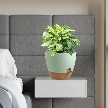 12 inch Large Self Watering Pots, Flower Plant Pots with Drainage Holes for Indoor Outdoor Garden Plants, Plastic Planters with Removable Deep Reservoir, Green with Brown