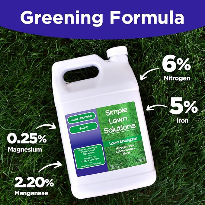 Commercial Grade Lawn Energizer - Grass Fertilizer Booster with Nitrogen, Iron, Micronutrients - Liquid Turf Spray Concentrated Fertilizer- Any Grass Type - Simple Lawn Solutions (1 Gallon)