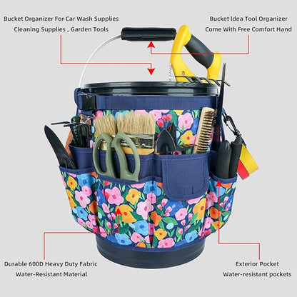 MELOTOUGH Bucket Caddy Organizer Bucket Tool Organizer for Garden Tools Fit 3.5 to 5 Gallon Bucket (Blue Flower)