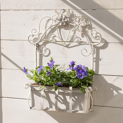Rustic Metal Wall Planter Vintage Wall Mounted Flower Pot Farmhouse Distressed Wall Hanging Plant Basket with Floral & Butterfly Decor for Indoor Outdoor Garden Home Yard (White#2)