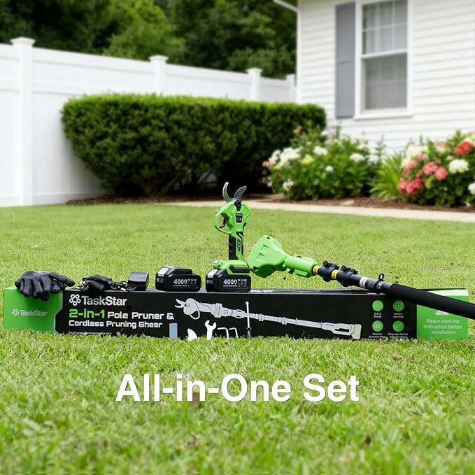 2-in-1 Electric Pruning Shears Cordless: 1.6" Cutting Diameter Brushless Pole Pruner - 2 x 4.0Ah Batteries, Extra SK5 Blade, 4 Cutting Modes Branches Cutter for Flower Tree Trimming