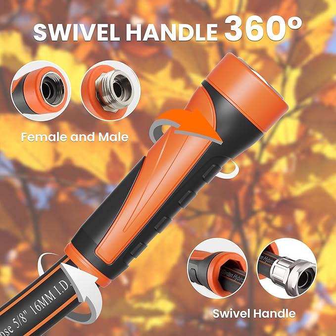 Giraffe Tools Garden Hose 50ft x 5/8", Water Hose Heavy Duty, Flexible, Lightweight Hybrid Hose with Swivel Handle, Male to Female Fittings, Burst 600 PSI