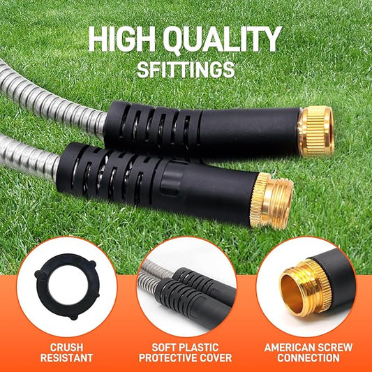 Garden Hose 75FT Stainless Steel Water Hose with 10 Functions Adjustable Spray Nozzle, Heavy-Duty Metal Garden Hose Flexible Durable No-Tangle & Kink Leak Dog Proof Hose for Yard Lawn(Orange)