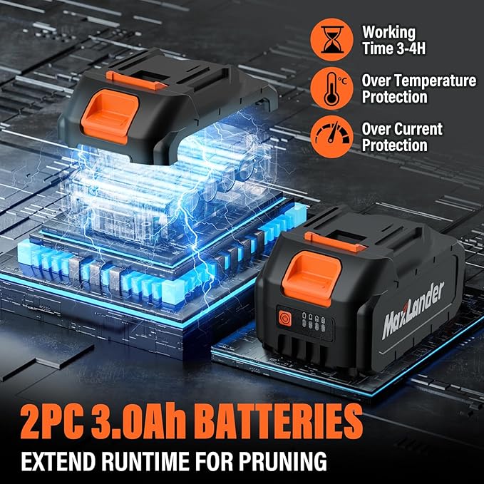 Maxlander 2-IN-1 Electric Pole Pruning Shears Cordless, 1.2" Cutting Diameter Brushless Tree Pruner, 2 x 3.0Ah Battery Powered Branch Cutter for Gardening, Tree Trimming,14Ft Reach, LCD Display