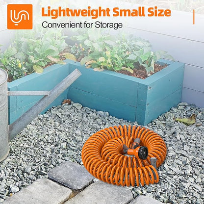 SPECILITE 3/8” Lightweight Coil Garden Hose 75 FT, EVA Retractable Curly Water Pipe with 6-Pattern Spray Nozzle for Boat, Greenhouse, Yard, Patio (Orange)