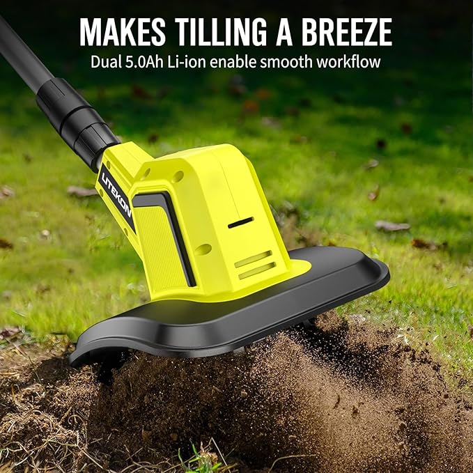 Powerful Cordless Tiller Cultivator with 720RPM Brushless Motor, 2x5.0Ah Batteries&1.5A Fast Charger, 10In Tilling Width and 7In Depth, Super Power Electric Garden Tiller Battery Powered