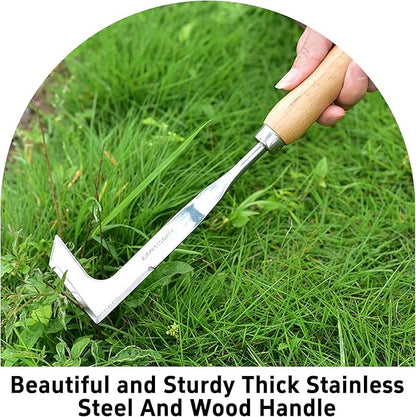 2PCS Garden Weeding Tool Set, Stainless Steel Weed Puller with Ergonomic Wood Handle, Heavy Duty Manual Hand Weeder Fork for Lawn, Farmland & Patio, Deep Root Removal Tool
