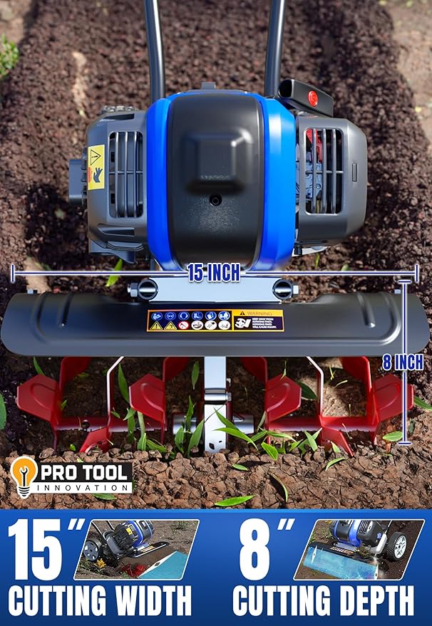 Wild Badger Power Garden Tiller 53cc Mini Cultivator 15 inch Powerful Liftable Booster Rod Tilling Tool for Lawn, Garden and Field Soil Cultivation