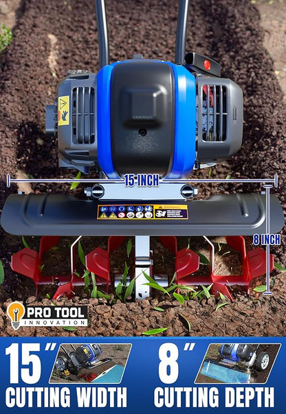 Wild Badger Power Garden Tiller 53cc Mini Cultivator 15 inch Powerful Liftable Booster Rod Tilling Tool for Lawn, Garden and Field Soil Cultivation