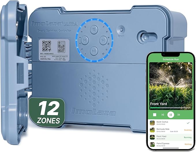 ImoLaza Outdoor Smart Sprinkler Controller, 12-Zone WiFi Irrigation Controller with Hyper-Local Weather, App Remote Control, Works w/ Alexa, Auto Watering, Rain/Freeze/Wind Skip, Smart Fault Detection