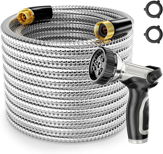 SPECILITE 1/2" 304 Stainless Steel Garden Hose, 100FT Water Pipe with Heavy Duty Metal Nozzle for Yard, Outdoor, Lawn - Flexible, Never Kink & Tangle, Puncture Resistant