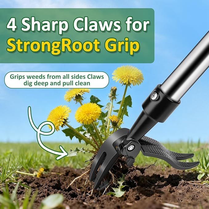 Weed Puller Tool, Stand Up Weed Remover Tool with Long Handle, 4 Claw Steel Head Weeder Tool with 4-Sectioal Pole Design, Garden Hand Weeding Tool, Smoothly Remove Weeds Without Kneeling