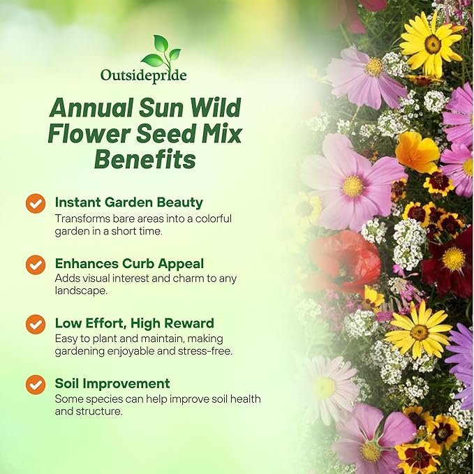 Outsidepride Annual Sun Wild Flower Seed Mix - 1 lb Premium Blend of Annual Wildflower Seeds for Sunny Locations, Vibrant & Easy-to-Grow, Attracts Pollinators, Ideal for Home Gardens & Floral Displays
