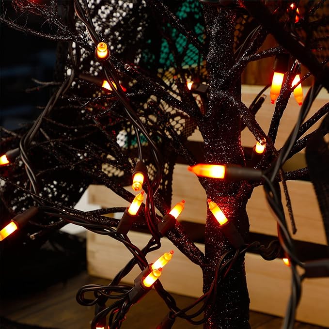 Halloween Lights, 33ft 150 Count Black Wire Incandescent Christmas Mini Lights, 120 V High-Voltage UL Certified Clear Light String Connectable, for Indoor Outdoor Patio Tree Party Home Decor, Orange