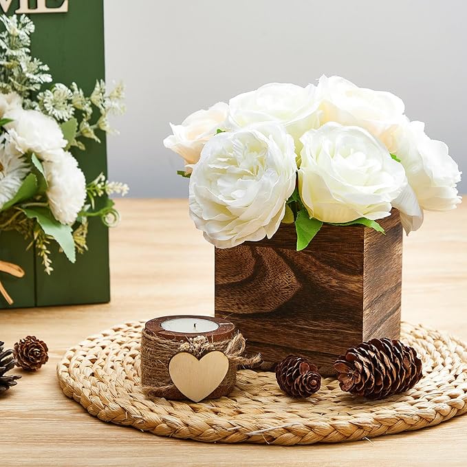 Dandat 12 Set Wood Cube Planter Box Square Wood Vase Rustic Cube Planter Box with Removable Plastic Liner Floral Foam Blocks for Centerpieces Home Wedding Garden Decor, Country Style (Brown)