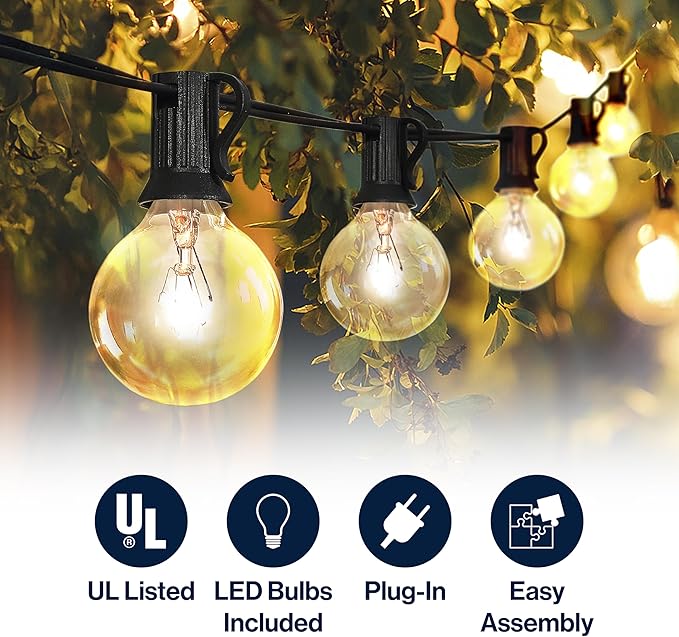 JONATHAN Y JYL8700A 25' Outdoor Globe String Lights with 25 G40 Bulbs, UL Listed Waterproof Patio Lights, Connectable Hanging Lights for Backyard, Porch, Cafe, Wedding, Party Decor, Black