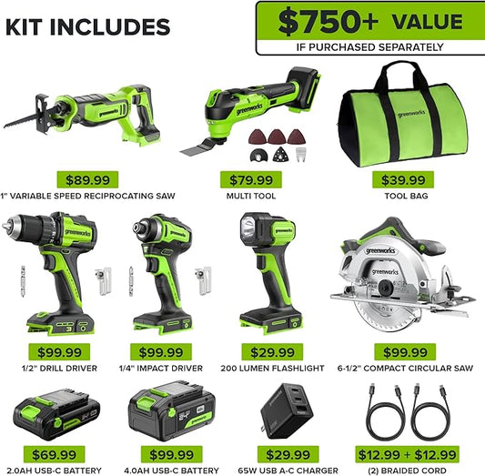 GREENWORKS 24V (6-TOOL) Combo (Drill, Impact Driver, Circular Saw, Reciprocating Saw, Multi-Tool, Flashlight), 4.0Ah + 2.0Ah (24,000mAh Power Bank) Batteries, (2) Cables, 65W Rapid Charger