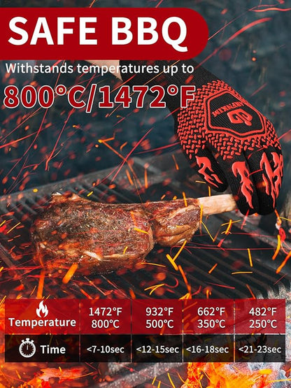 BBQ Oven Gloves, 1472℉ 3-Layers Heat Resistant Oven Mitts Silicone Non-Slip Cooking Gloves for Barbecue, Grilling, Baking, Welding, Smoker (A Pair) (Red)