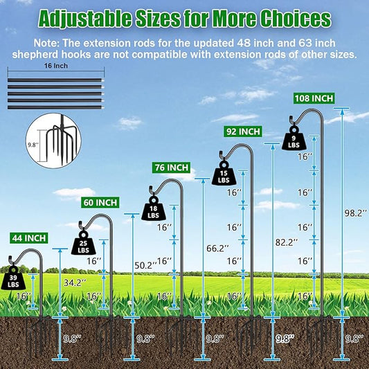 FEED GARDEN Adjustable Shepherd Hook Bird Feeder Pole with 7 Prongs Base, 108 Inch Tall 5/8 Inch Thick, Heavy Duty Outdoor Garden Poles for Hanging Bird Feeders, Plant Baskets, Black (1 Pack)