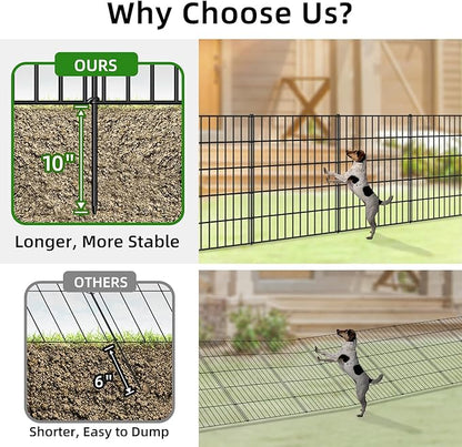 Metal Garden Fence 33.3in (H) x 23.3ft (L), 10 Panels + 11 Stakes Dog Fence Border Fence Animal Barrier, No Dig Garden Fencing for Yard Flower Bed Lawn Patio Outdoor, PIN332810 Black
