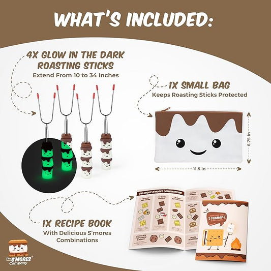 THE S'MORES COMPANY - Glow in the Dark Marshmallow Roasting Sticks - Set of 4 Rotating Smores Sticks - Telescoping Extra Long Marshmallow Sticks for Fire Pit, Campfire & Bonfire - Camping Accessories