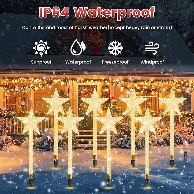 13.78FT Solar Star Pathway Lights, 8-Pack 8 Modes LED Star Stake Lights, IP64 Waterproof Christmas Decorative Lights for Yard, Garden, Walkway, Patio Holiday Party