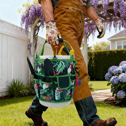 KUNN Bucket Tool Organizer 5 Gallon 18-Pocket Gardening Tool Bag with Hangable Handle | Garden Caddy & Bucket Accessory, Green
