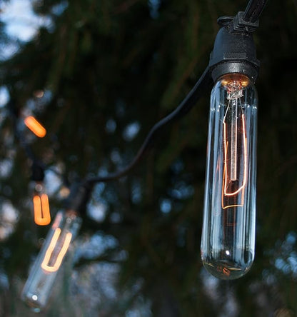 Hometown Evolution, Inc. Commercial Edison Bulb Outdoor String Lights with Hand-Threaded Filament (T25 Tube Edison - Commercial Black Wire, 100 ft)