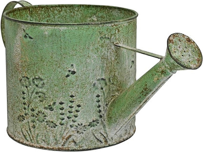Vintage Metal Watering Can with Floral Embossed Design Garden Distressed Green Decorative Watering Pot Planter Rustic Farmhouse Waterer for Home Indoor Outdoor Garden Balcony Courtyard (Green)