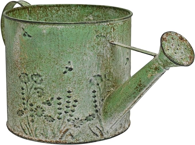 Vintage Metal Watering Can Planter with Embossed Floral - Distressed Green Decorative Watering Pot for Indoor/Outdoor Flowers, Succulents & Herbs, Rustic Home Decor Accent