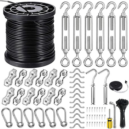 BLIKA String Light Hanging Kits, 300FT Coated Stainless Steel 304 Wire Rope, Outdoor Light Guide Wire, Globe String Light Suspension Kit Included Turnbuckles, Enough Accessories, Use Manual