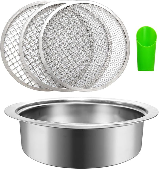 Soil Dirt Sifter for Gardening with 3pcs Interchangeable Mesh(3,6,9mm), Stainless Stackable Sifting Pan Soil Sand Rock Sieve for Dirt, Sand, Rock, Filtration, Compost with Soil Scoops (silver2)