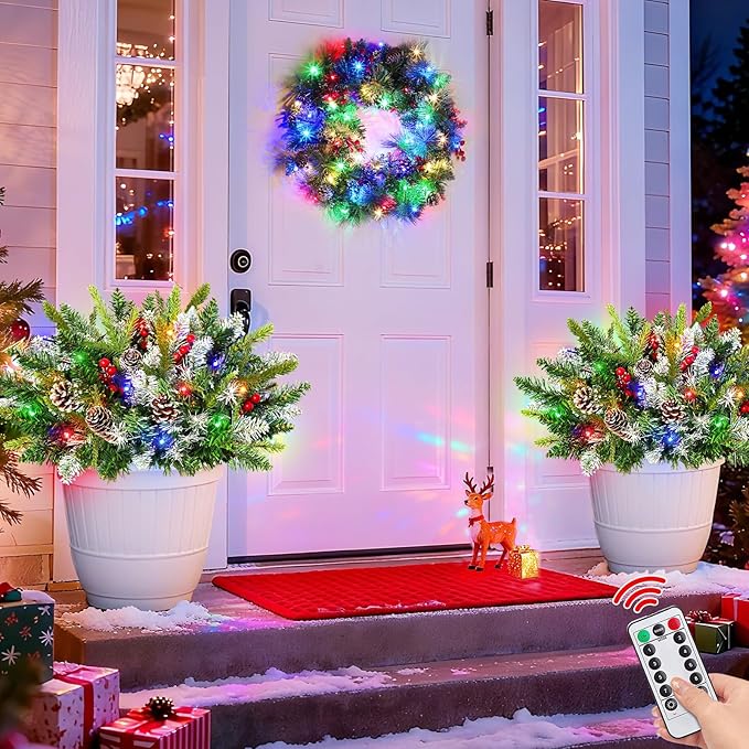 20 Inch Artificial Christmas Hanging Basket with 30LED Changing Warm White&Multicolored Timer 8 Modes Remote Control Norfolk Pine Snowy Tips Hanging Christmas Decorations for Porch Front Door Home