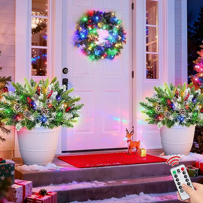 20 Inch Artificial Christmas Hanging Basket with 30LED Changing Warm White&Multicolored Timer 8 Modes Remote Control Norfolk Pine Snowy Tips Hanging Christmas Decorations for Porch Front Door Home