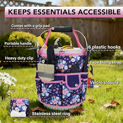 KUNN 5 Gallon Bucket Tool Organizer 18-Pocket Heavy-Duty Bucket Caddy with Hangable Handle & Comfort Grip Pad | Gardening Tool Bag, Garden Organizer Storage Bag Accessory for Gardeners, Purple