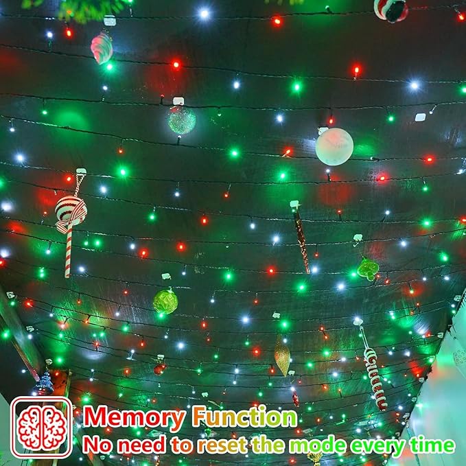 YEGUO 66ft 200 LED Christmas Lights Outdoor Waterproof, 8 Modes Red White and Green String Lights Plug in, Green Wire Twinkle Tree Lights Indoor with Timer Memory