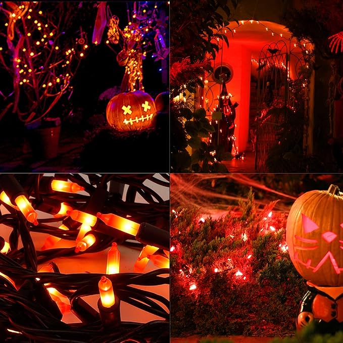 LJLNION 3 Pack Halloween Lights Outdoor, Each 33ft 150 Count Black Wire Incandescent Fairy Mini Lights, 120V UL Certified Clear Light String, Connectable for Patio Tree Party Home Decor, Orange