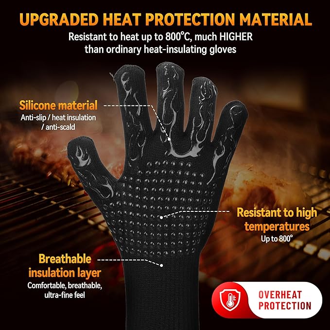 Professional Heat Resistant Gloves 1472°F, Fireproof Aramid Fiber/Silicone/Cotton BBQ Gloves for Grilling, Oven, Fireplace, Cooking & Heavy Duty Kitchen Handling（A Pair for Sale）