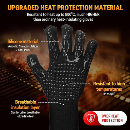 Professional Heat Resistant Gloves 1472°F, Fireproof Aramid Fiber/Silicone/Cotton BBQ Gloves for Grilling, Oven, Fireplace, Cooking & Heavy Duty Kitchen Handling（A Pair for Sale）