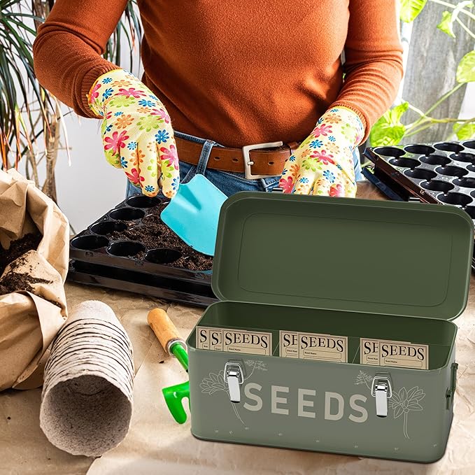 Orionstar Seed Storage Organizer, Metal Seed Saving Box with Lid, Seed Bin with 30 Plant Labels 30 Seed Envelopes 1 Marker Pens, 4 Compartments Box with Safety Locks, Blackish Green