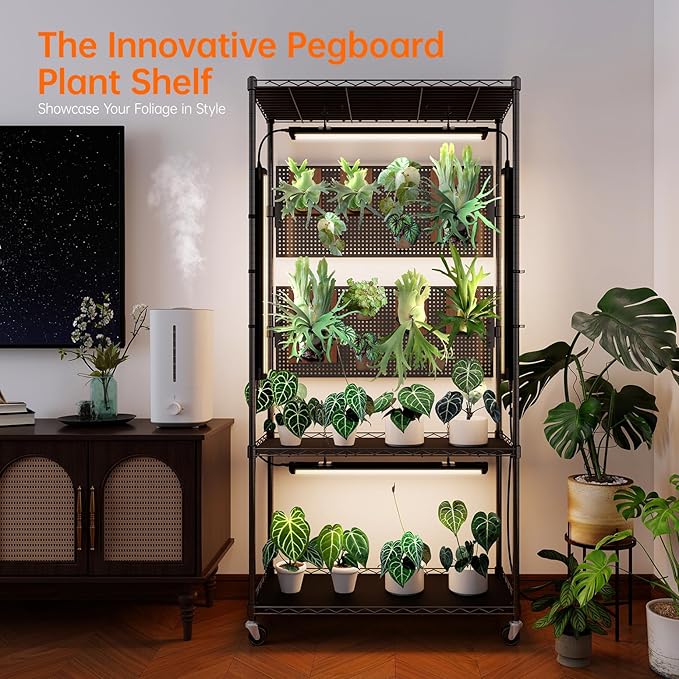 Bstrip Plant Shelf with Grow Light & Pegboard, Metal Plant Stand with Adjustable Rack and Wheels, 4 x 24W Full Spectrum Grow Light Strip for Indoor Plants, Foliage Plants, Seedling, 29.5"x13.8"x59"