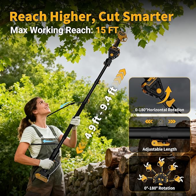2-in-1 Electric Pruning Shears with Extension Pole, Cordless Power Pruner with 1.4 Inch Cutting Diameter, Brushless Motor, LCD Display & 2×2.0Ah Batteries for High Branch & Tree Trimming