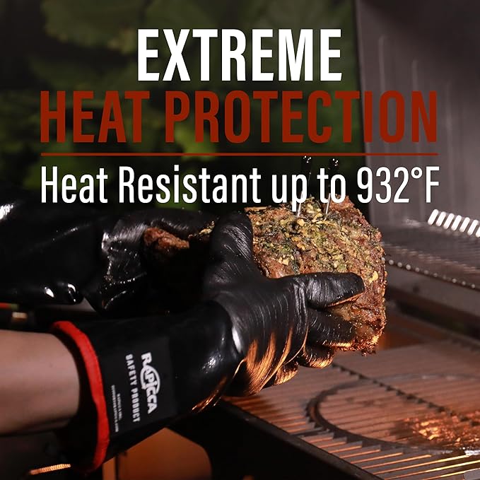 RAPICCA 932°F Heat Resistant BBQ Grill Gloves: Oil Resistant Waterproof for Smoking Grilling Cooking Barbecue Deep Frying Turkey Rotisserie Handling Hot Greasy Meat Grilling Stocking Stuffers for Men