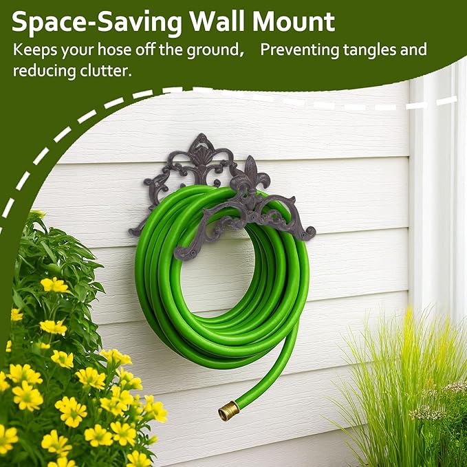 Cast Iron Garden Hose Holder, Wall Mount Hose Storage (Brown)