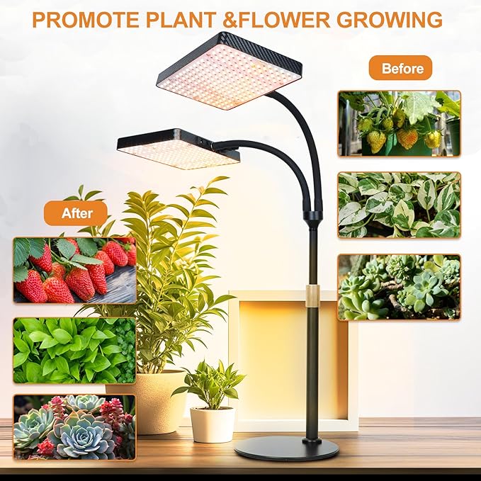 FECiDA 2-Head 50W Desk Grow Light, Tabletop Grow Lights for Indoor Plants Full Spectrum, 4/8/12/16/20 Hr Timer Bonsai Houseplants Grow Lamp, 16"-24" Height Adjustable