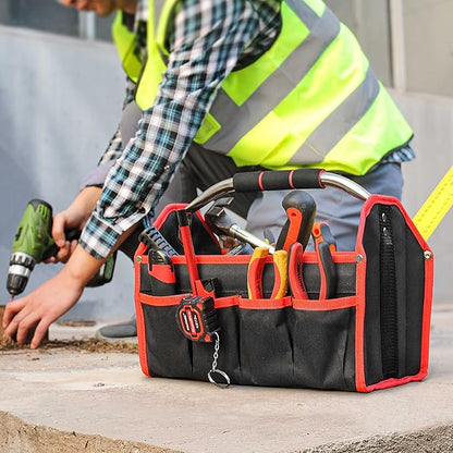 HAUTMEC 13 Inch Tool Bag, Foldable Open Top Tool Tote with Stiff Frame, 8 Pockets, Water-Resistant Molded Base & Padded Handle, Portable Electrician Tool Organizer for DIY & Jobsite Use – TB0001
