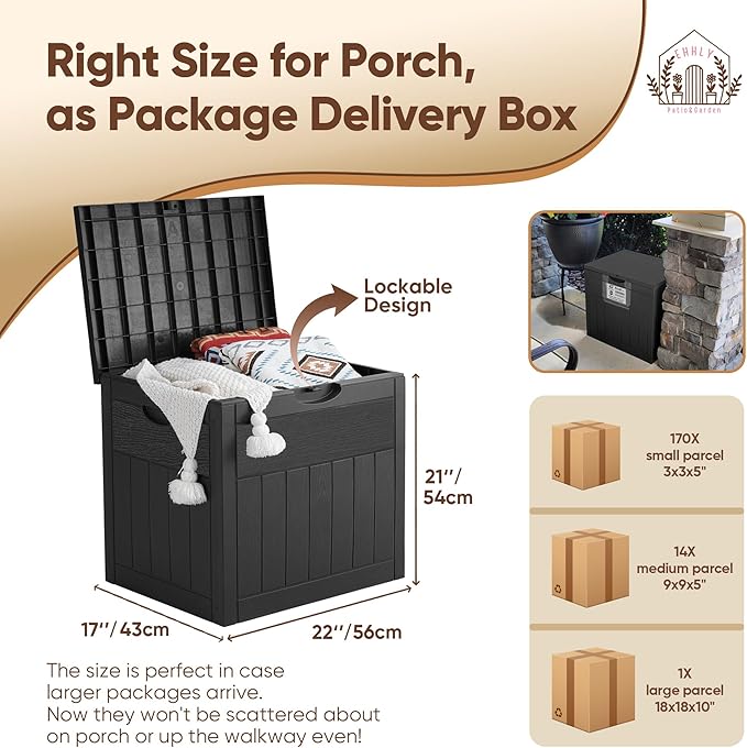 EHHLY 33 Gallon Outdoor Storage Box, Small Deck Box Waterproof, Lockable Secure Package Bin Delivery Box for Outside Front Porch, Patio Cushions Storage Box, Delivery Driver Snack Box for Porch, Black