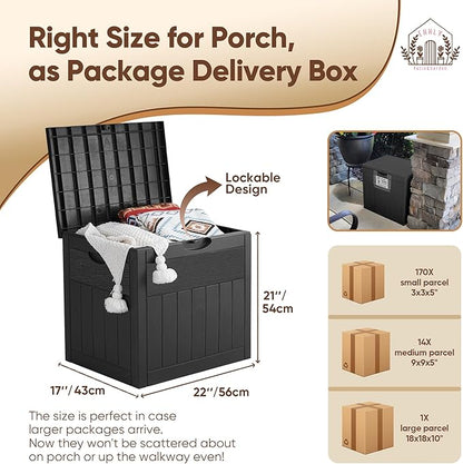 EHHLY 33 Gallon Outdoor Storage Box, Small Deck Box Waterproof, Lockable Secure Package Bin Delivery Box for Outside Front Porch, Patio Cushions Storage Box, Delivery Driver Snack Box for Porch, Black