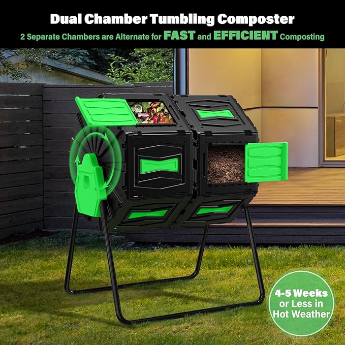 Compost Tumbler, Easy Assemble & Efficient Outdoor Compost Bin, 45 Gallon/170 Liter Large Dual Chamber Rotating Composter for Garden, Kitchen, and Yard Waste, Green Door